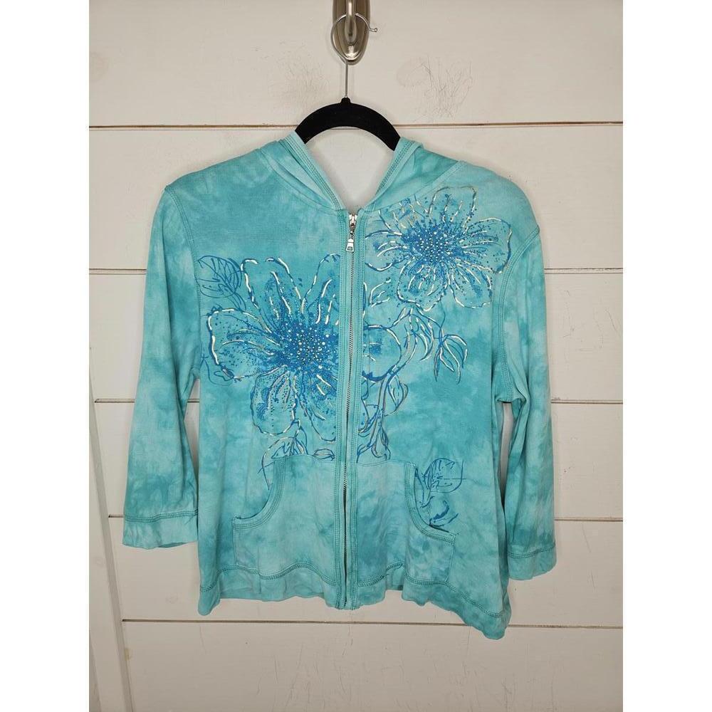 B.L.E.U. Petite Large blue tie dye lightweight hoodie with sequined flowers